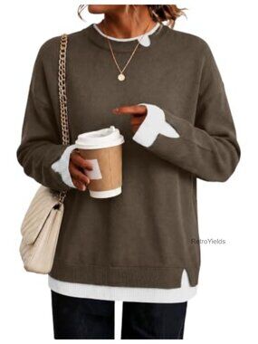 Cozy Faux Layered Sweater Pullover Crew Neck Loose Fit Warm